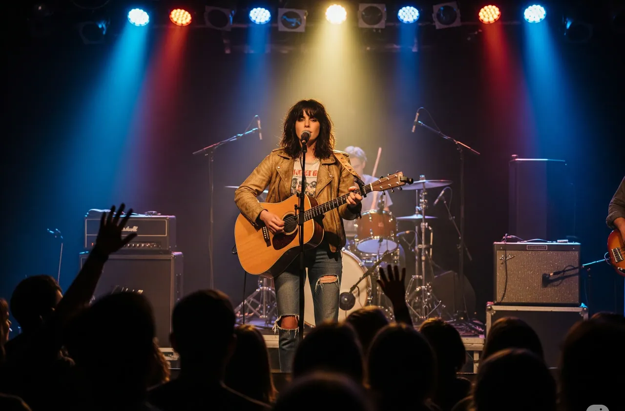 Maya Sloane on stage, acoustic guitar in hand, lit by red and blue stage lights with a silhouetted crowd in the foreground
