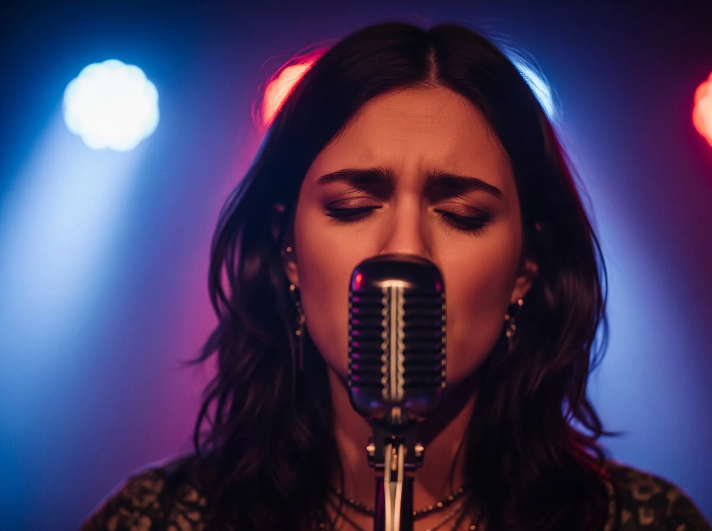 Maya Sloane singing into a vintage microphone, eyes closed, washed in deep blue and magenta stage lights