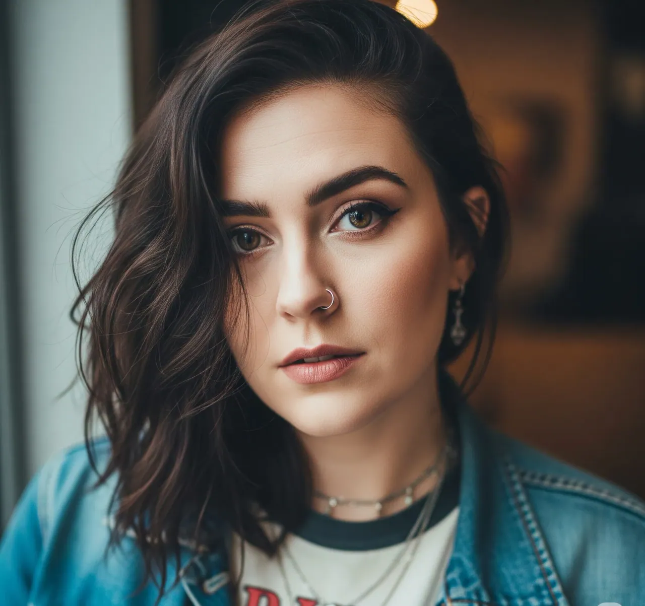 Portrait of Maya Sloane in a denim jacket and graphic tee, dark wavy hair, looking directly at the camera in soft warm light